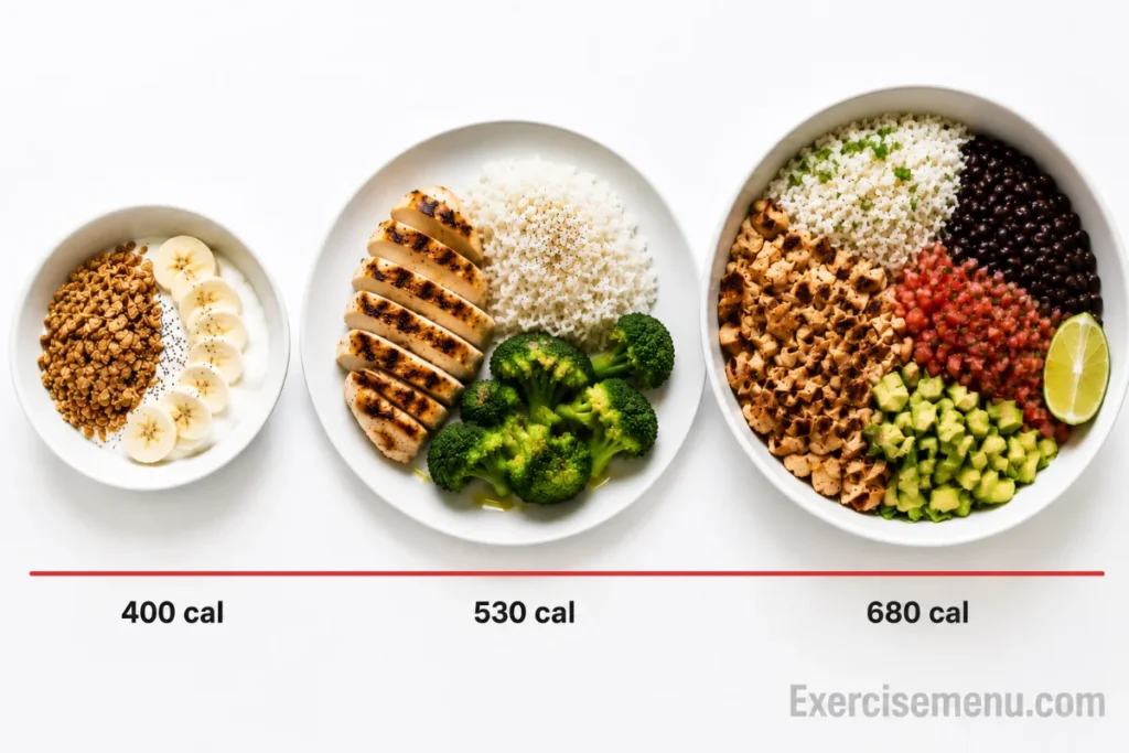 Three post-workout meals showing light, moderate, and heavy portions for different training intensities
