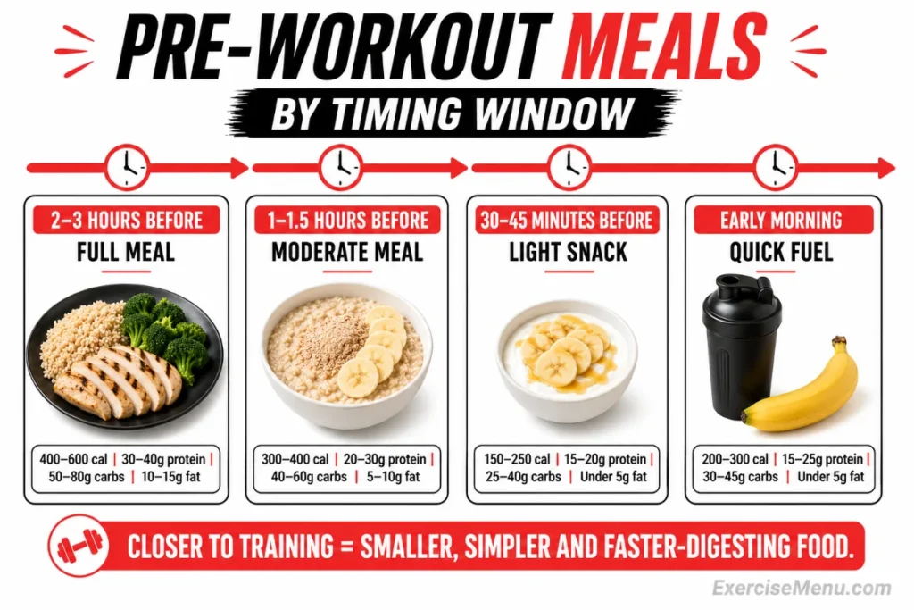 Pre-workout meal timing infographic comparing full meals, moderate meals, light snacks and early-morning fuel.