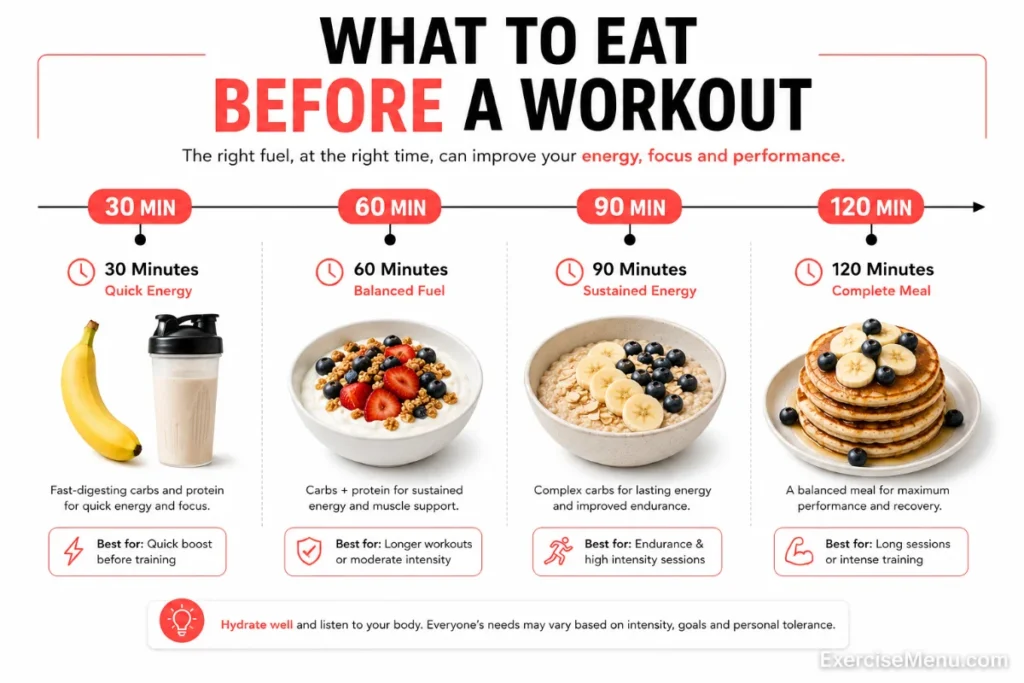 Visual guide showing the best time to eat different pre-workout snacks before exercise.