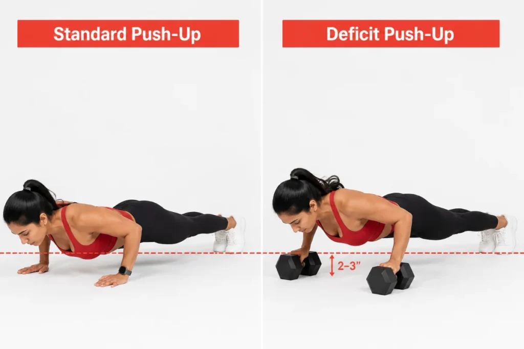 Comparison of a standard push-up and a deficit push-up showing how elevating the hands on blocks allows the chest to drop below hand level, increasing range of motion without adding weight