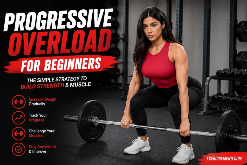Beginner performing a barbell squat with proper form as part of a progressive overload program