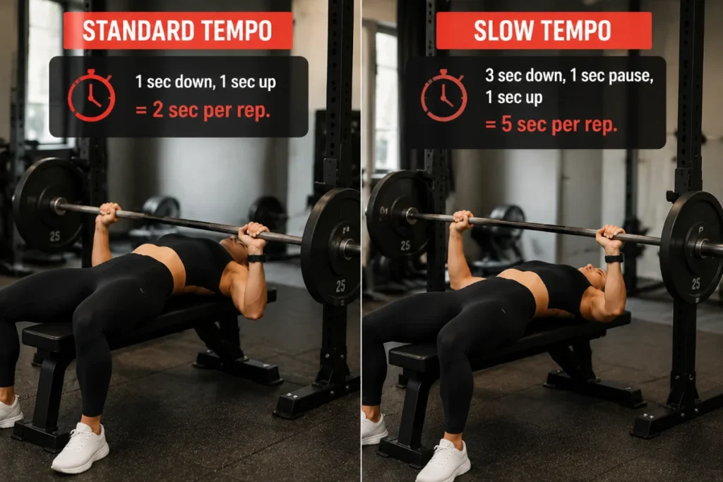 Side-by-side comparison of standard tempo (2 seconds per rep) versus slow tempo (5 seconds per rep) on a bench press, showing how slowing down increases time under tension without adding weight.