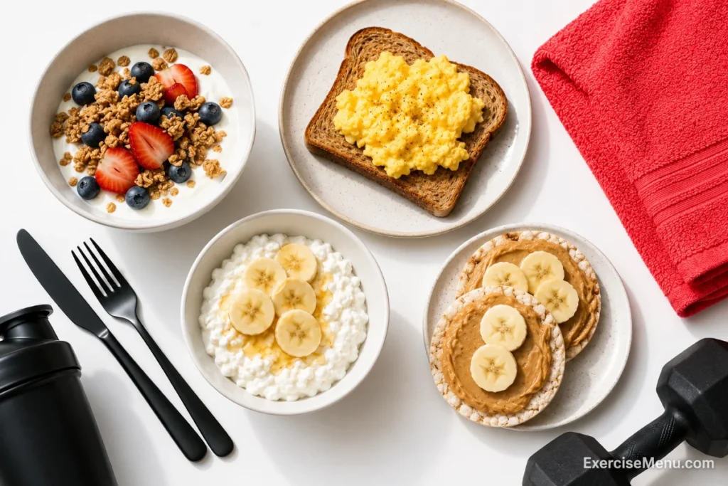 Quick pre-workout snack ideas including Greek yogurt, toast, eggs, cottage cheese and rice cakes.