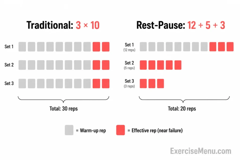 Infographic comparing effective reps in traditional straight sets versus rest-pause sets, showing that rest-pause produces more growth-stimulating reps in fewer total repetitions.
