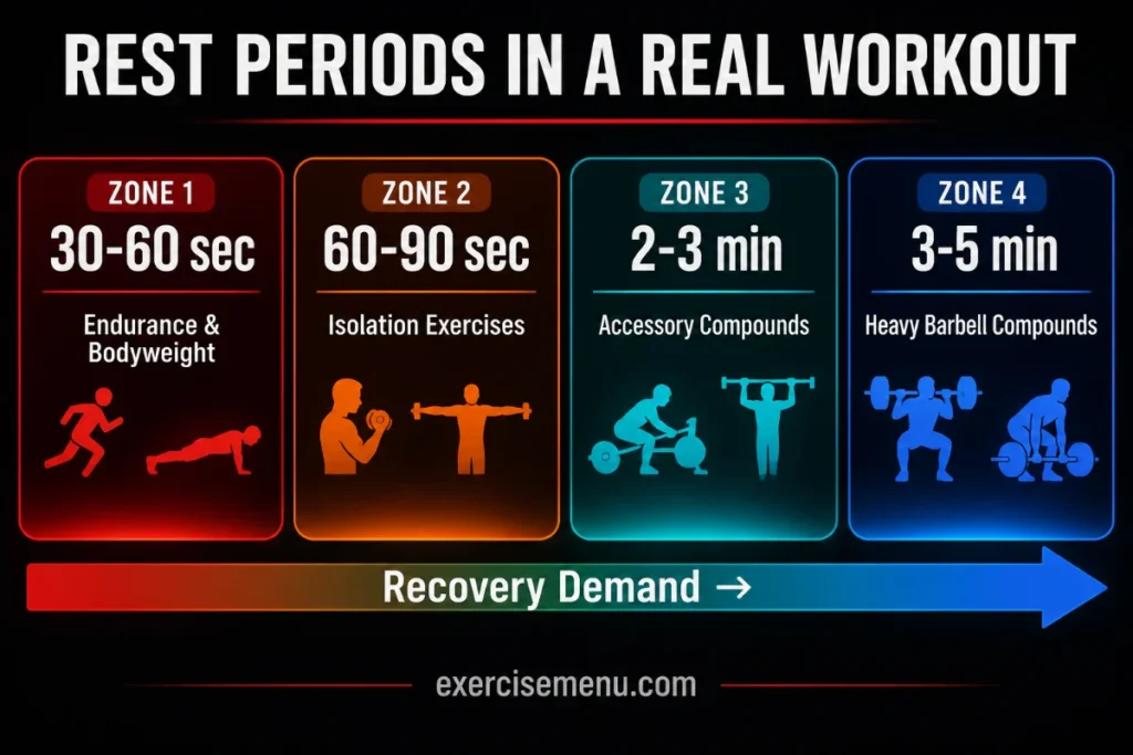 Rest periods range from 30 seconds for bodyweight exercises to 5 minutes for heavy barbell compounds — match your rest to the exercise, not just your goal.
