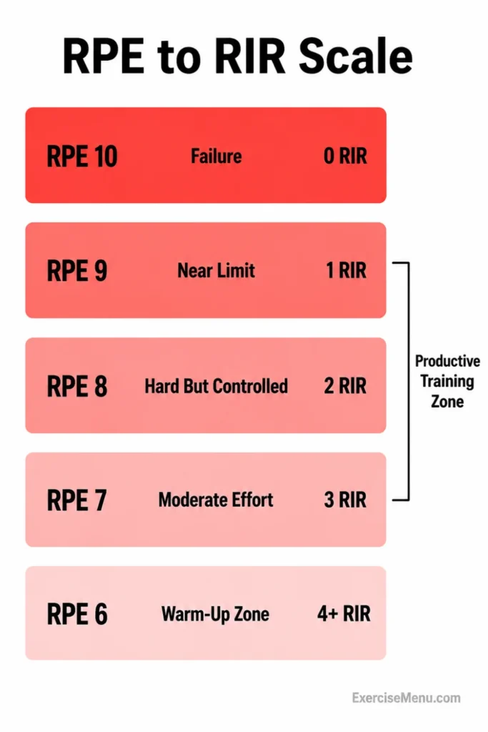 RPE-to-RIR conversion scale showing RPE 6 through 10 matched with corresponding reps in reserve from 4+ down to 0