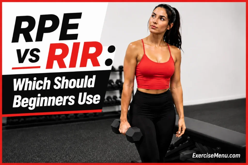 RPE vs RIR: Which Should Beginners Use for Better Progress A beginner lifter pausing after a set of dumbbell rows, thinking about how many reps she has left — illustrating the RIR concept