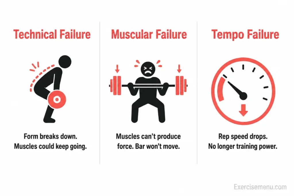 Infographic comparing three types of training to failure — technical failure, muscular failure, and tempo failure — with definitions and icons