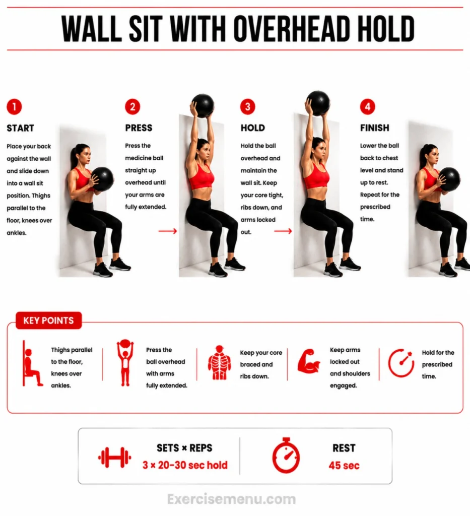 Man in a wall sit position holding a medicine ball overhead with arms locked out