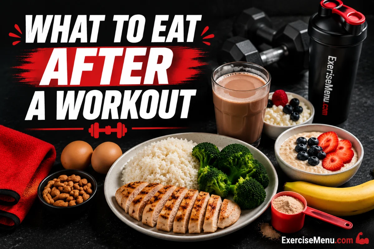 What to eat after a workout — best post-workout foods including chicken, rice, eggs, Greek yogurt, banana, and chocolate milk for muscle recovery