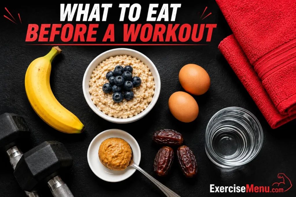 Pre-workout foods laid out on a black surface including banana, oatmeal with berries, eggs, peanut butter, dates, and a glass of water with a red gym towel