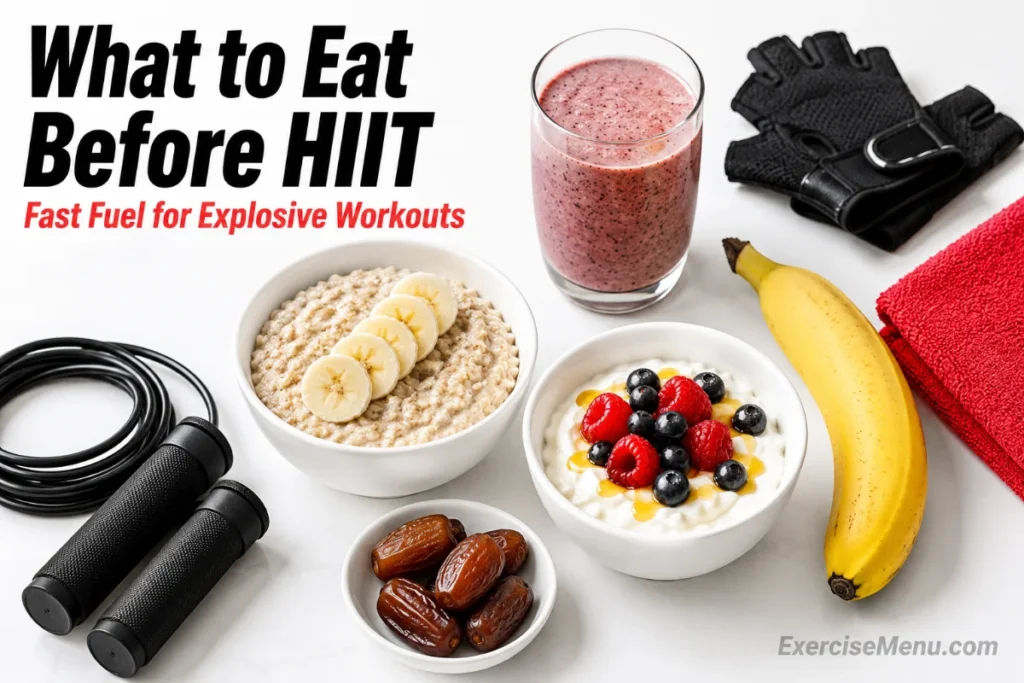 What to Eat Before a HIIT Workout (Don’t Eat Like You Lift) HIIT pre-workout foods including oatmeal with banana, Greek yogurt with berries, dates and a smoothie arranged with fitness props.