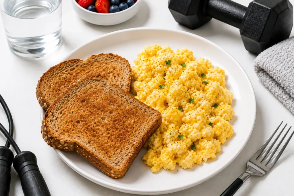 Whole grain toast with scrambled eggs served as a balanced high-protein pre-workout meal for muscle gain.