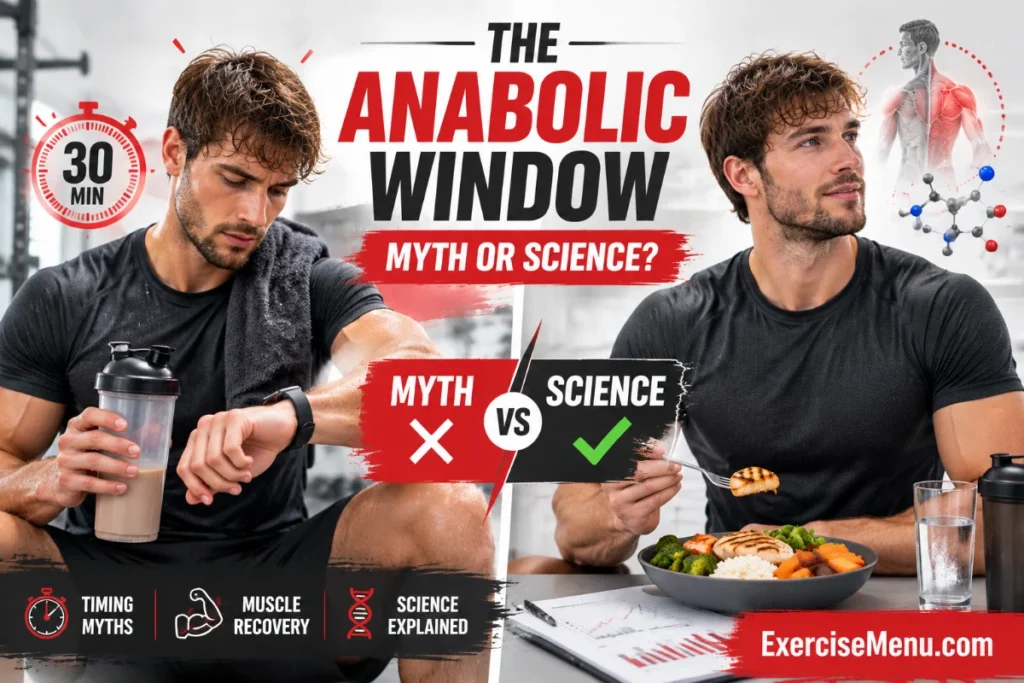 The Anabolic Window: Myth or Science? The anabolic window myth or science comparison featuring a fitness athlete, post-workout protein timing concept, muscle recovery, and evidence-based nutrition guidance.