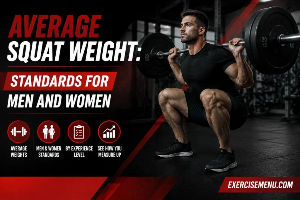 Average Squat Weight: Standards for Men and Women Average squat weight standards for men and women with athlete performing barbell squat.
