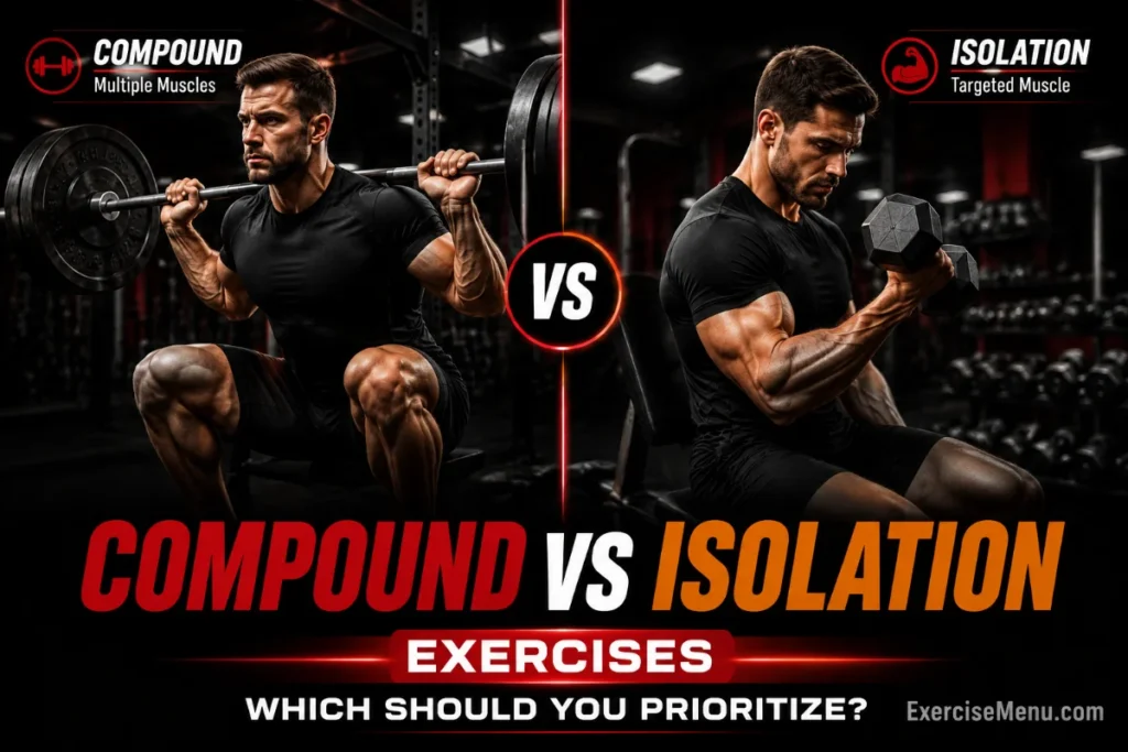 Compound vs isolation exercises comparison showing a lifter performing a compound barbell squat and an isolation dumbbell curl to explain multi-joint and single-muscle training differences.