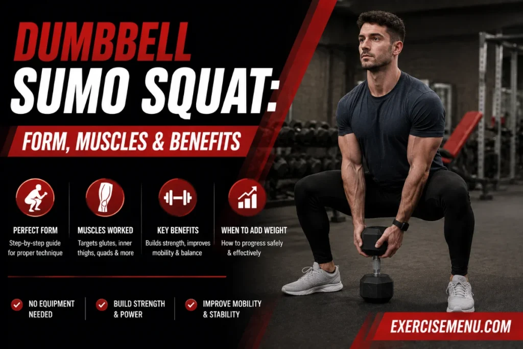 Man performing a dumbbell sumo squat with wide stance, illustrating proper form, targeted muscles, and key benefits.