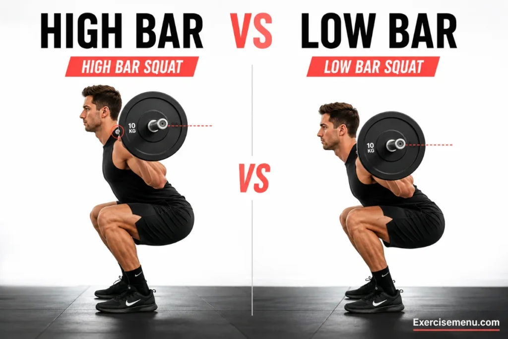 High bar vs. low bar squat comparison showing the same male athlete performing both squat positions side by side, with bar placement highlighted and Exercisemenu.com watermark at bottom right.