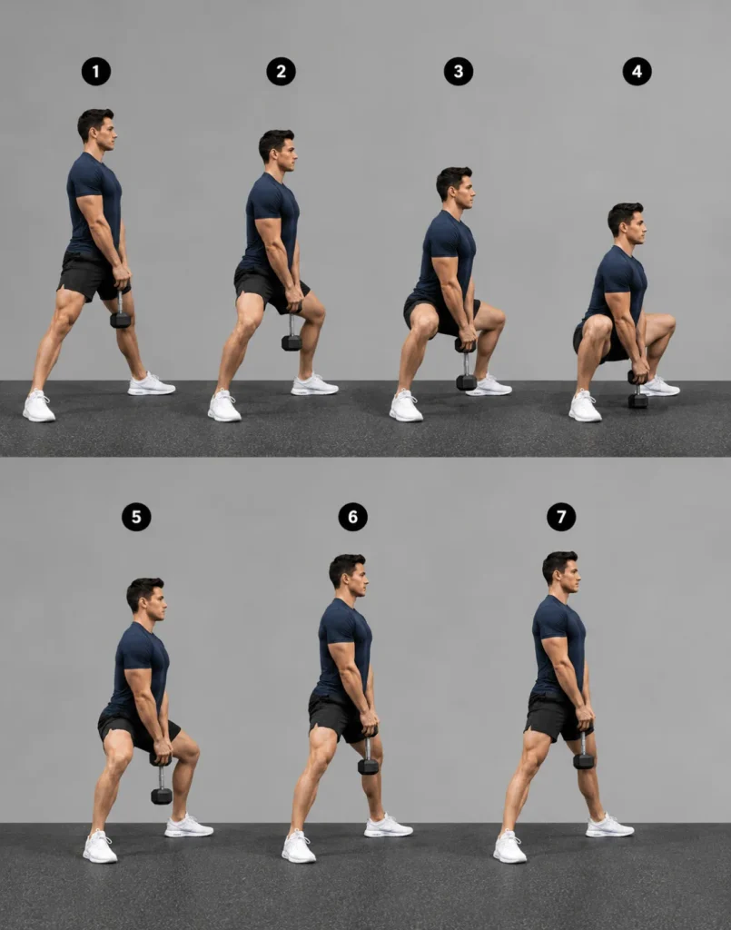 Male fitness model demonstrating a dumbbell sumo squat from a wide stance through the descent, deep squat, and standing position, with knees tracking outward, toes turned out, heels flat, and one dumbbell held between the legs.