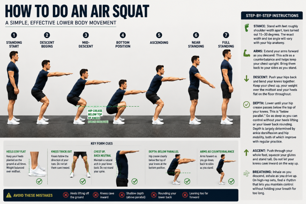 Air squat technique guide with 7-frame movement sequence, form cues and common mistakes.