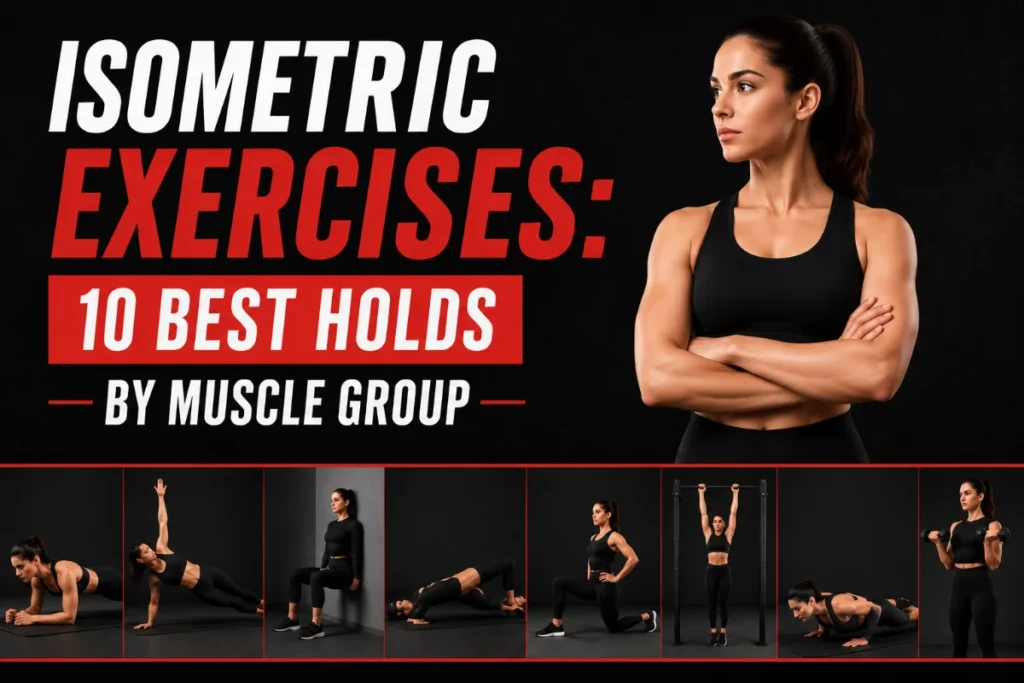 Isometric exercises: 10 best holds by muscle group with a female athlete showing different static strength exercises for core, legs, shoulders, and arms.
