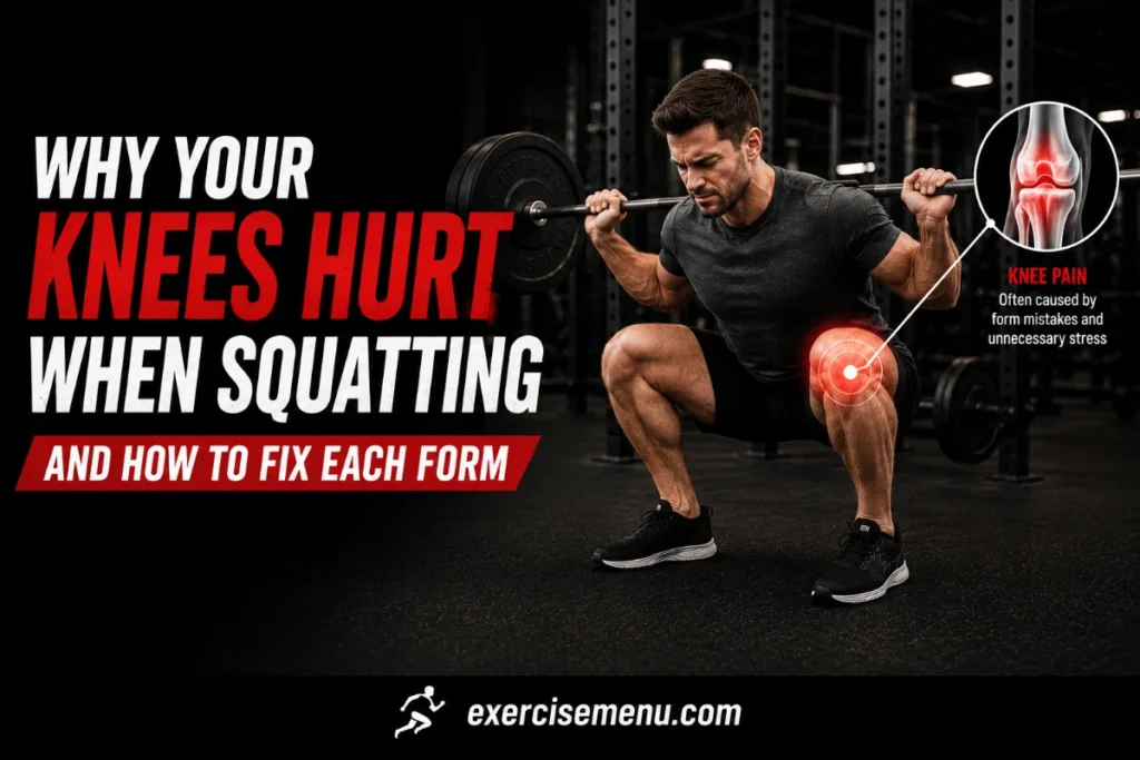 Knee pain during squats with proper form correction and knee anatomy illustration.