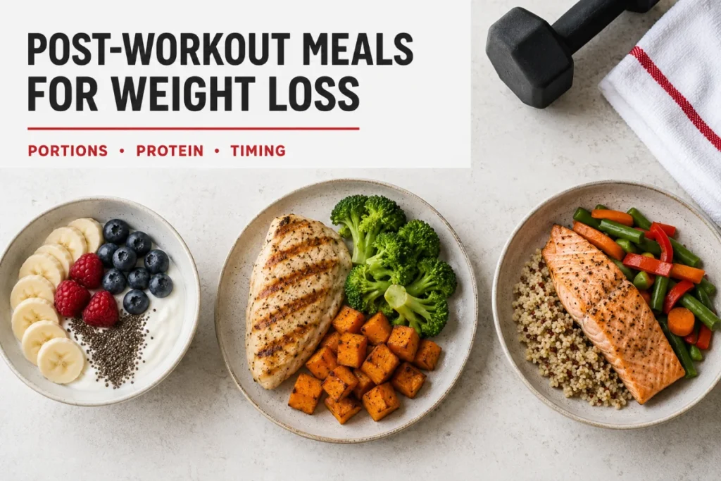 Three portion-controlled post-workout meals for weight loss with yoghurt, chicken, salmon, carbohydrates and vegetables