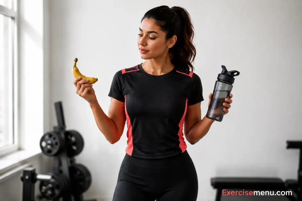 Woman deciding whether to eat before a workout in a gym setting