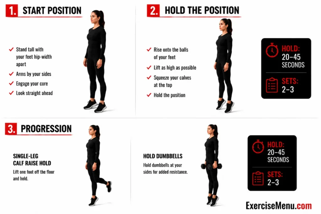 Calf raise hold exercise guide showing proper heel elevation, balance position, and calf muscle activation at the top of the movement.