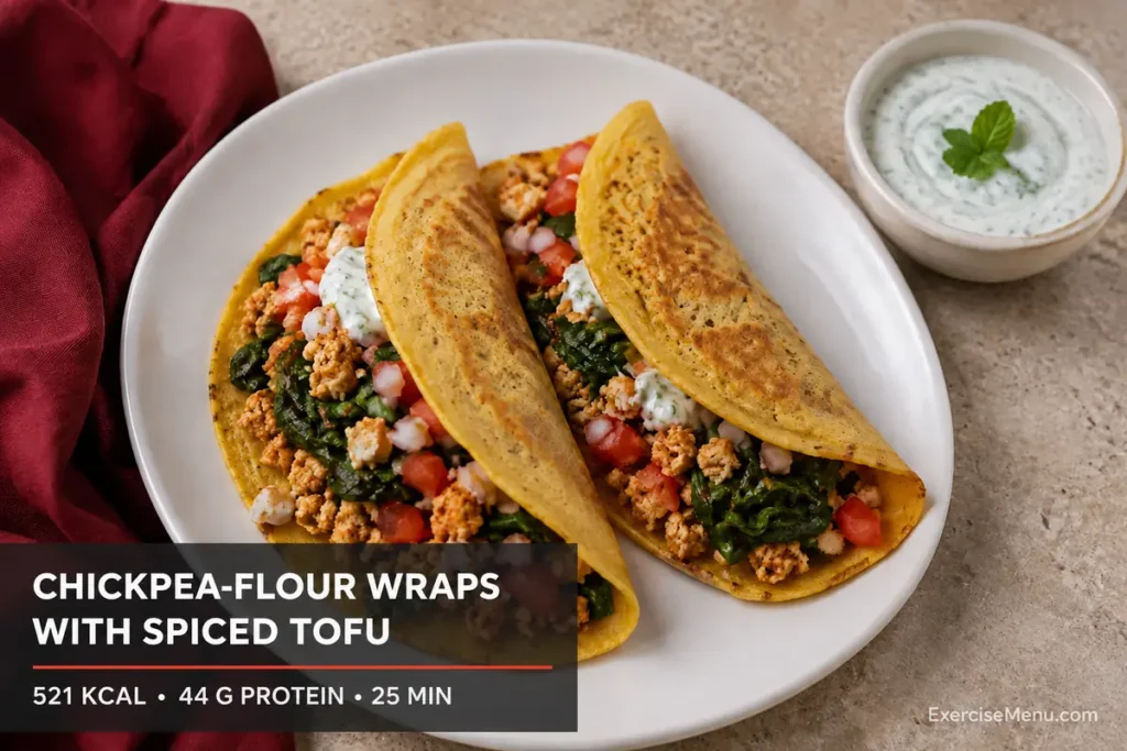 Chickpea-flour wraps filled with spiced tofu, spinach and tomato, served with mint yogurt