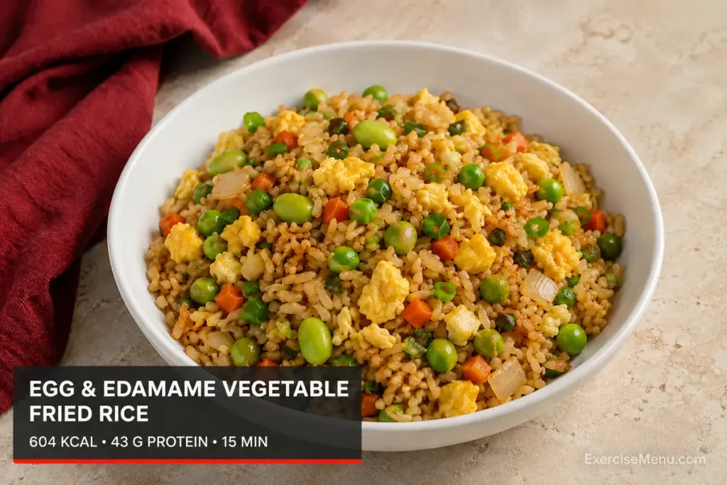Egg and edamame vegetable fried rice with peas and carrot