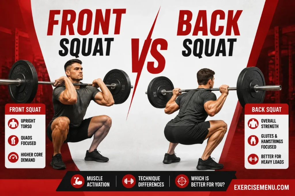 Front Squat vs Back Squat: How to Choose the Right One Front squat vs back squat comparison showing correct barbell positions and squat technique for each exercise