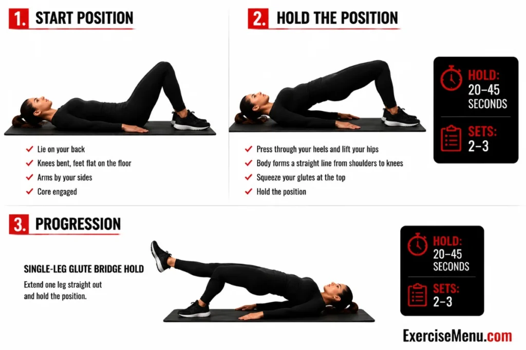 Glute bridge hold exercise guide showing hip extension, straight shoulder-to-knee alignment, and glute activation technique.