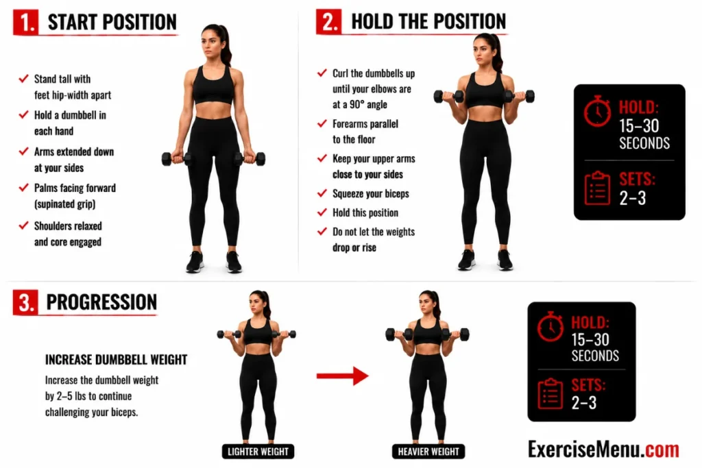 Isometric bicep curl hold exercise guide showing dumbbells held at a 90-degree elbow angle with controlled bicep contraction.