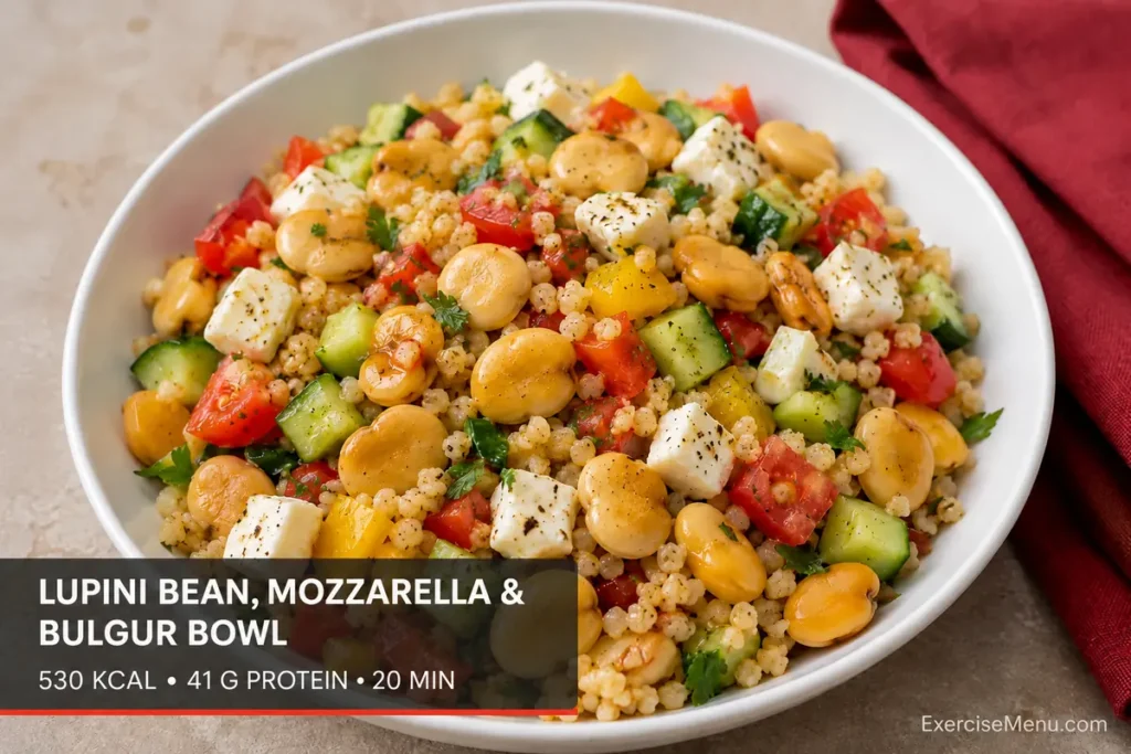 Lupini bean, mozzarella and bulgur bowl with cucumber, tomato and pepper