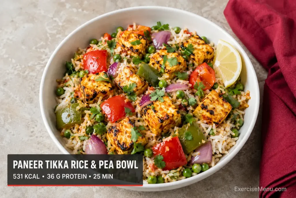 Paneer tikka rice bowl with peas, peppers and red onion