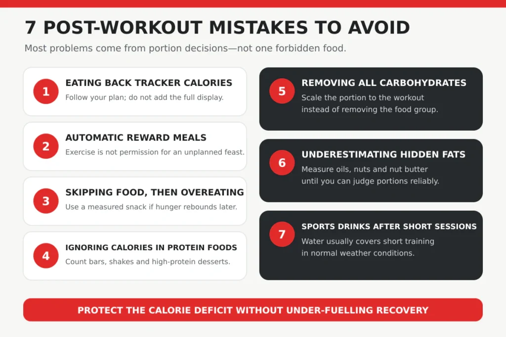 Seven post-workout mistakes that can slow weight-loss progress, including eating back tracker calories and underestimating portions