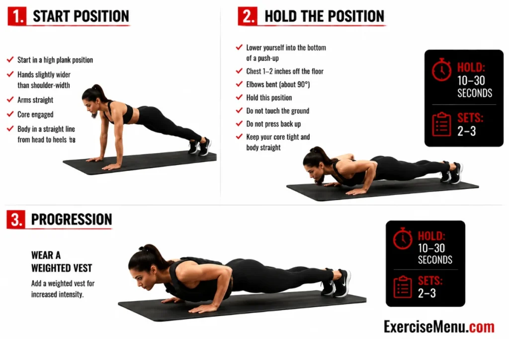 Push-up hold exercise demonstration showing the bottom position with chest close to the floor, bent elbows, and controlled body alignment.