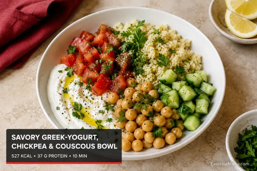 Savory Greek-yogurt bowl with chickpeas, couscous, cucumber and tomato