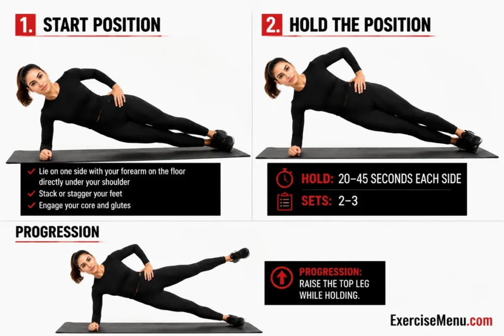 Side plank hold exercise demonstration showing proper forearm position, straight body alignment, hip stability, and core activation.