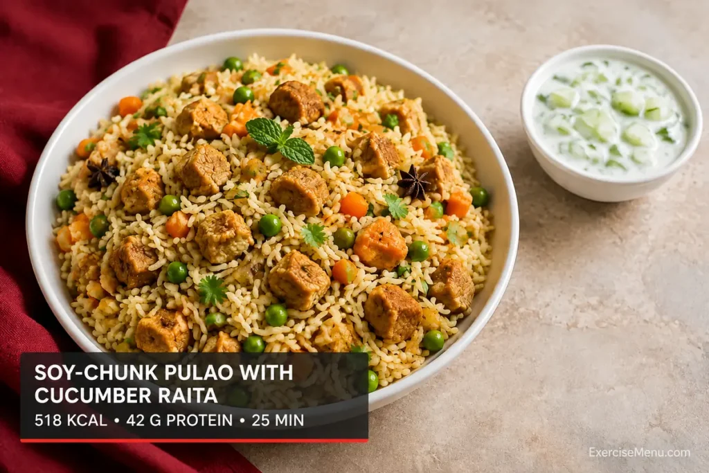 Soy-chunk vegetable pulao served with cucumber raita
