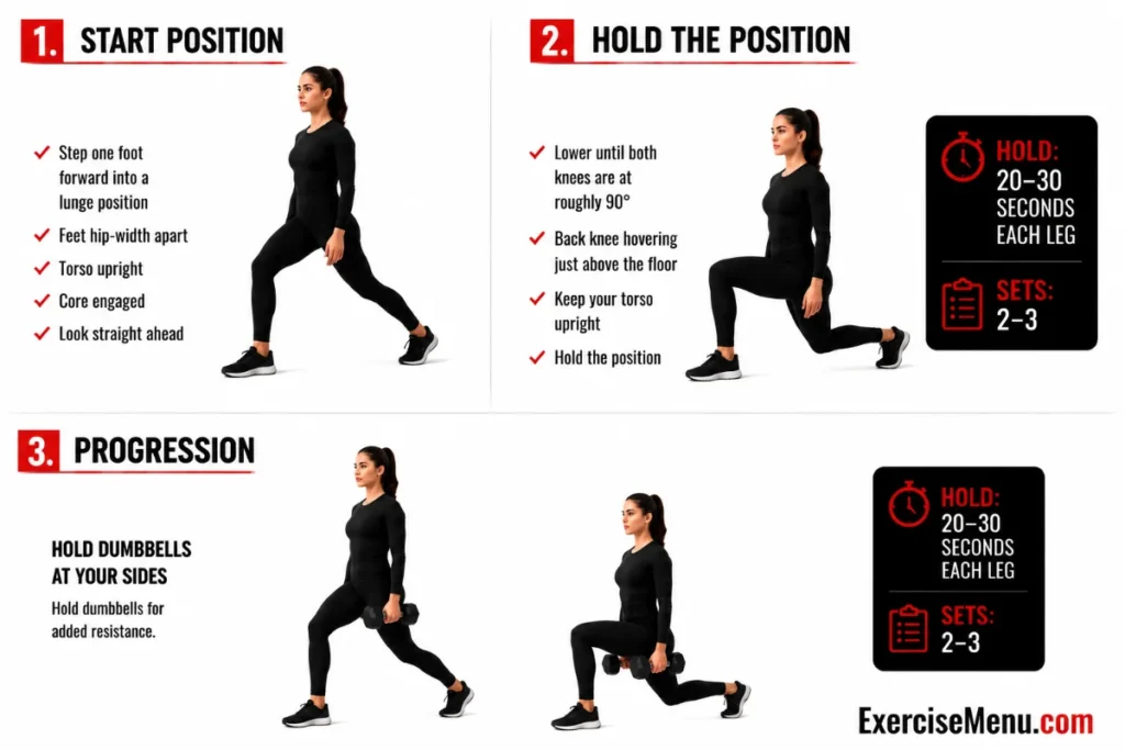 Split squat hold exercise demonstration showing proper lunge position, 90-degree knee angles, upright torso, and lower-body stability.