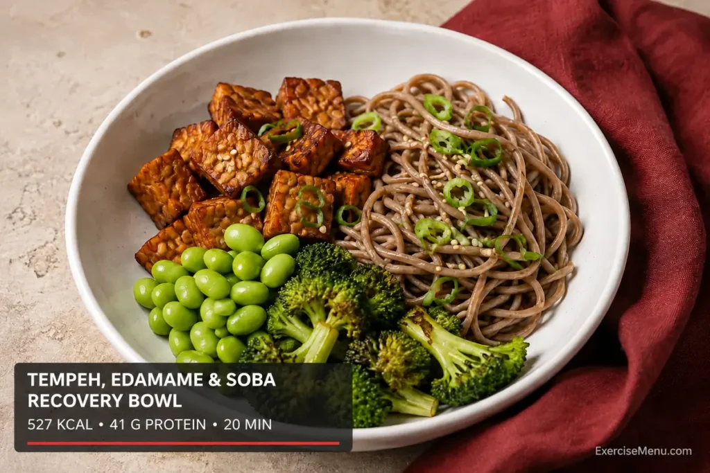 Tempeh edamame and soba noodle bowl with broccoli