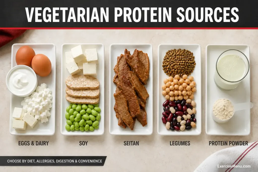 Five vegetarian protein groups: eggs and dairy, soy foods, seitan, legumes and pea protein powder