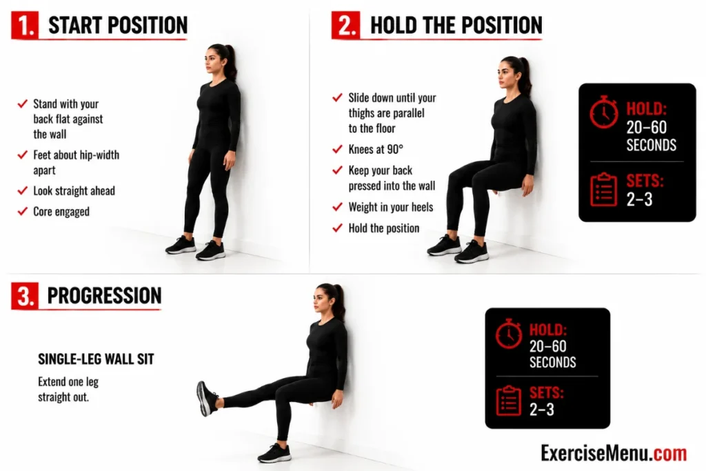 Wall sit hold exercise demonstration showing correct 90-degree knee position, back against wall, and proper lower-body engagement.