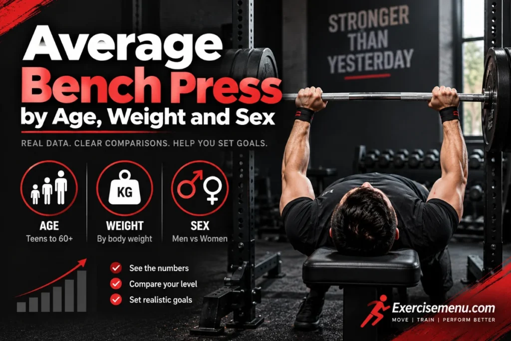 Average bench press standards by age, body weight, and sex, shown with a lifter performing a barbell bench press.