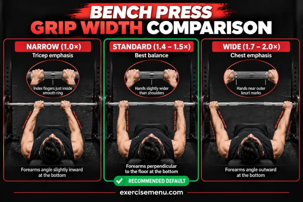 Bench press grip width comparison showing narrow, standard, and wide hand positions and muscle emphasis.