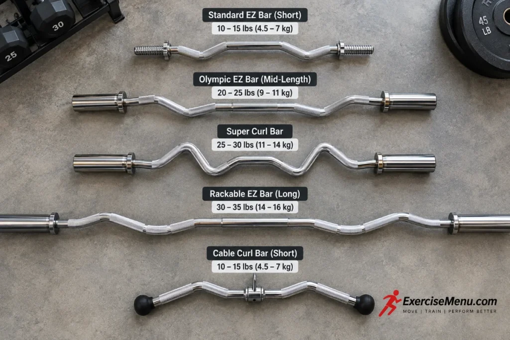 EZ Curl Bar Weight: Standard and Olympic Sizes Five types of EZ curl bars arranged side by side — standard, Olympic, super curl, rackable, and cable attachment — showing size and length differences.