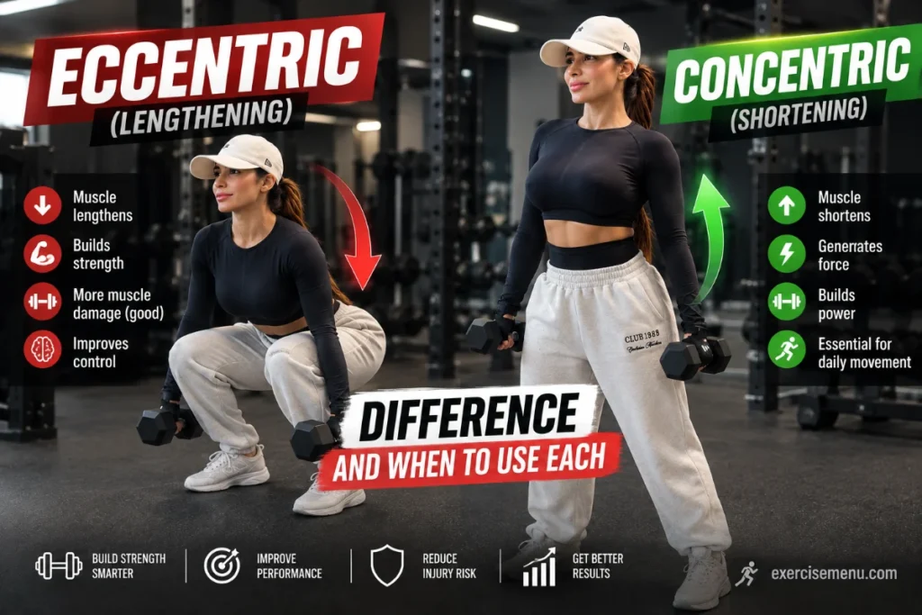 Eccentric vs Concentric: Difference and When to Use Each Eccentric vs concentric exercises showing muscle lengthening, shortening, strength, and performance benefits.