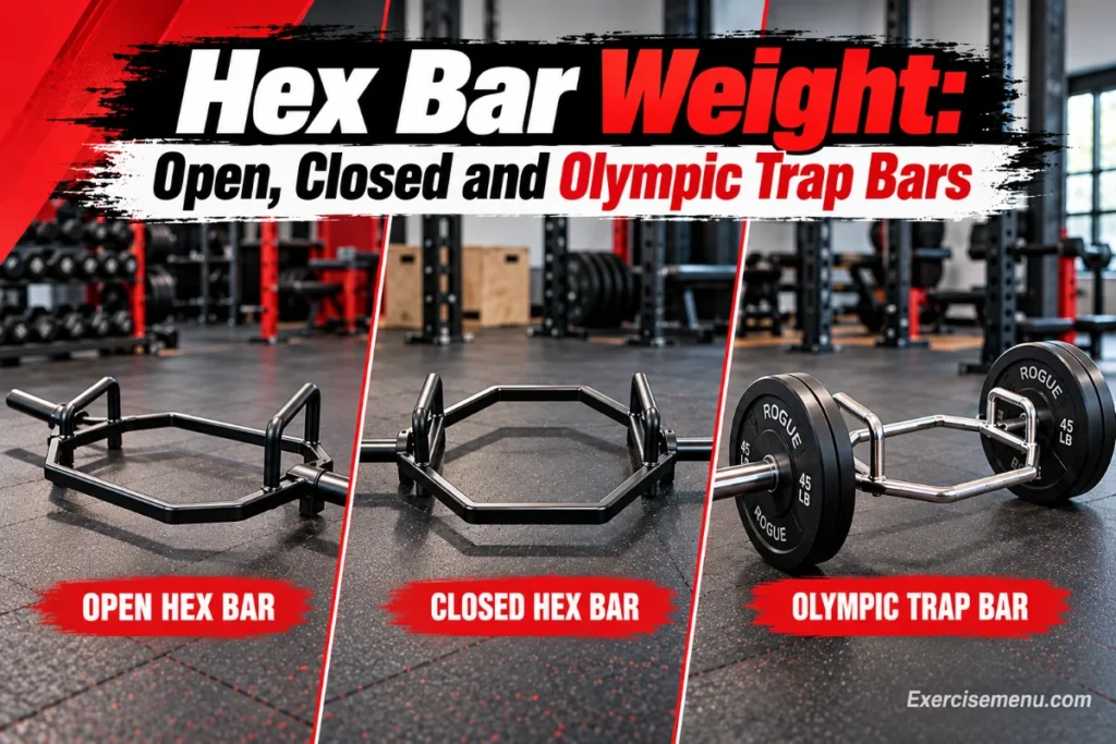 Three hex/trap bars compared in a gym: open hex bar, closed hex bar, and Olympic trap bar loaded with 45 lb plates, with “Hex Bar Weight” title and ExerciseMenu.com watermark.